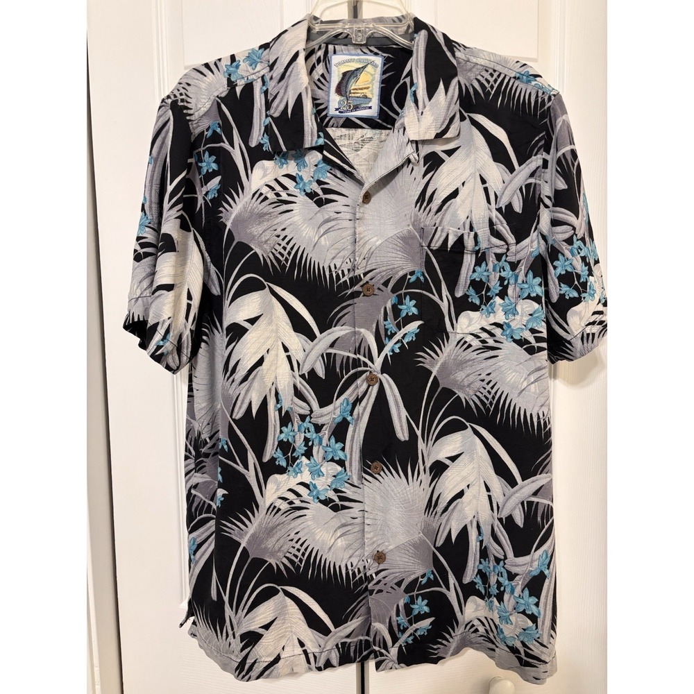 Tommy Bahama men's L Silk Shirt Black Shadow Gray Palms Blue Floral  Camp Shirt